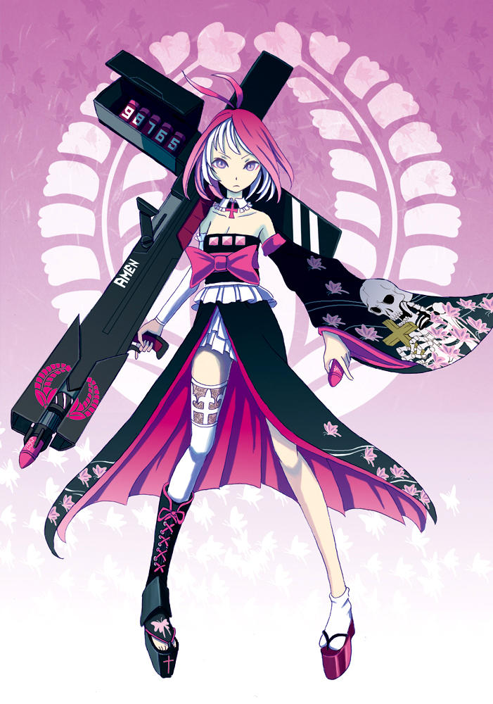 antenna_hair asymmetrical_clothes bangs bare_shoulders black_dress boots bow breasts christian_girl cleavage clog_sandals cross cross-laced_footwear detached_collar detached_sleeves dress floral_print frown full_body gradient gradient_background holding holding_weapon huge_weapon katouken_(ktn-works) lace lace-trimmed_thighhighs lace-up_boots legs_apart long_sleeves looking_at_viewer mismatched_footwear mismatched_sleeves multicolored_hair original pink_background pink_hair platform_footwear pleated_skirt purple_eyes rocket_launcher sandals serious short_hair side_slit single_boot single_sandal single_thighhigh skeleton_print skirt small_breasts solo strapless strapless_dress tabi thighhighs two-tone_hair weapon white_hair white_legwear