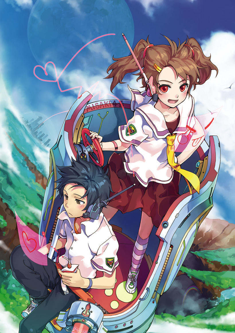 1girl :p black_hair brown_eyes brown_hair city cloud day drink forest hair_ornament hairclip heart moon nature necktie original rainbow red_eyes ryuutetsu school_uniform science_fiction sitting sky smile steering_wheel tongue tongue_out twintails