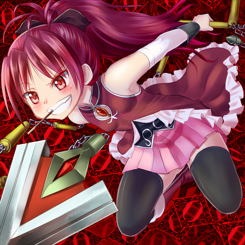 :d black_legwear blush boots bow chain detached_sleeves food grin hair_bow jewelry jumping mahou_shoujo_madoka_magica md5_mismatch mouth_hold open_mouth pendant pocky polearm ponytail pt@i red_eyes red_hair sakura_kyouko shirt skirt sleeveless sleeveless_shirt smile solo spear thighhighs v-shaped_eyebrows weapon zettai_ryouiki