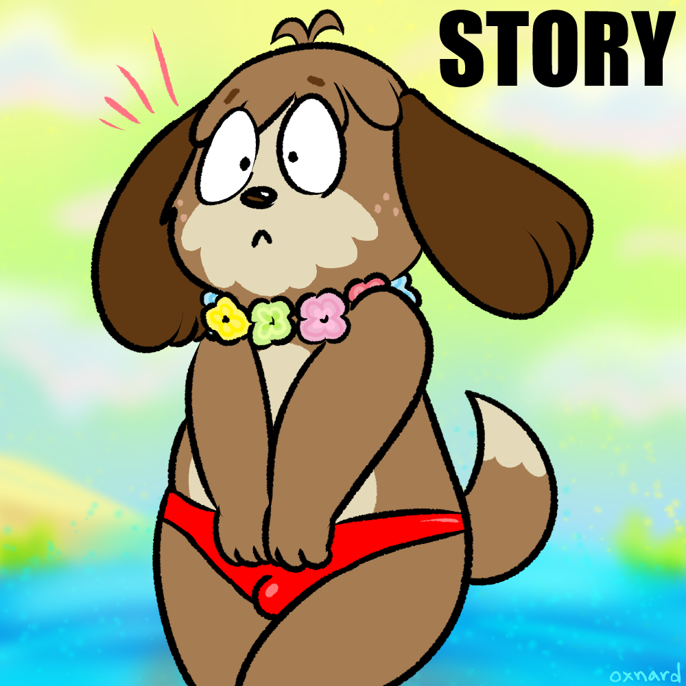 animal_crossing anthro bulge clothed clothing digby_(animal_crossing) english_text flower lei male nintendo nishi plant red_bottomwear red_swimwear solo speedo story story_in_description swimsuit text topless video_games