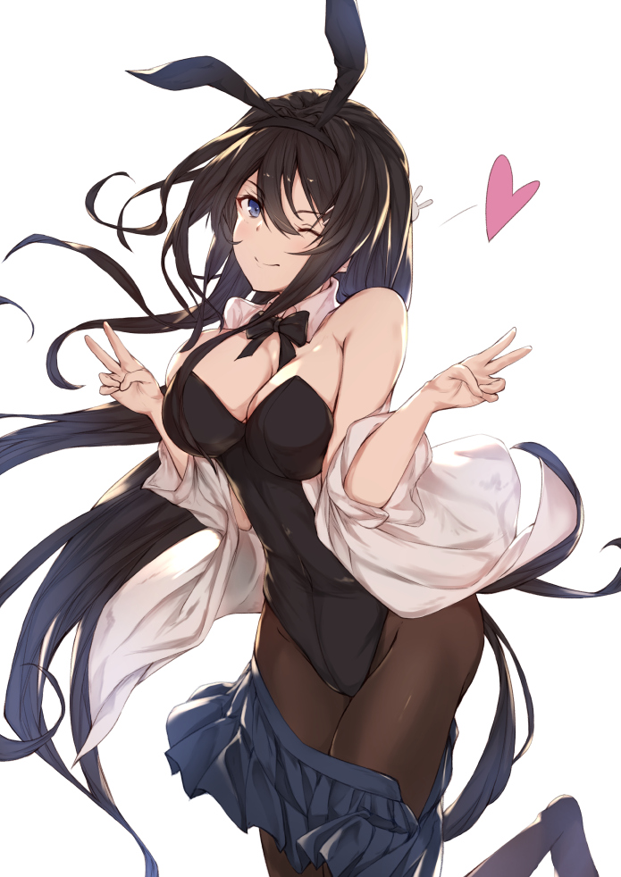 1girl ;) animal_ears black_bunny_ears black_hair black_leotard black_neckwear blue_eyes blue_skirt bow bowtie breasts brown_legwear bunny_ears bunny_girl bunnysuit cleavage closed_mouth commentary_request detached_collar double_v dress_shirt eyebrows_visible_through_hair eyes_visible_through_hair fake_animal_ears female floating_hair hair_between_eyes hands_up heart highres large_breasts leotard leotard_under_clothes long_hair looking_at_viewer off_shoulder one_eye_closed pantyhose pleated_skirt sakura_ayu sakurajima_mai school_uniform seishun_buta_yarou shirt simple_background skirt smile solo standing standing_on_one_leg strapless strapless_leotard undressing v very_long_hair white_background white_shirt wink