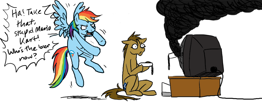 brown_fur brown_hair cartoonlion cutie_mark dialog duo english_text equine female feral flying friendship_is_magic fur hair hasbro horse mammal multi-colored_hair my_little_pony nintendo open_mouth pegasus pony rainbow_dash_(mlp) rainbow_hair rainbow_tail sitting smoke television text video_games wii wiimote wings