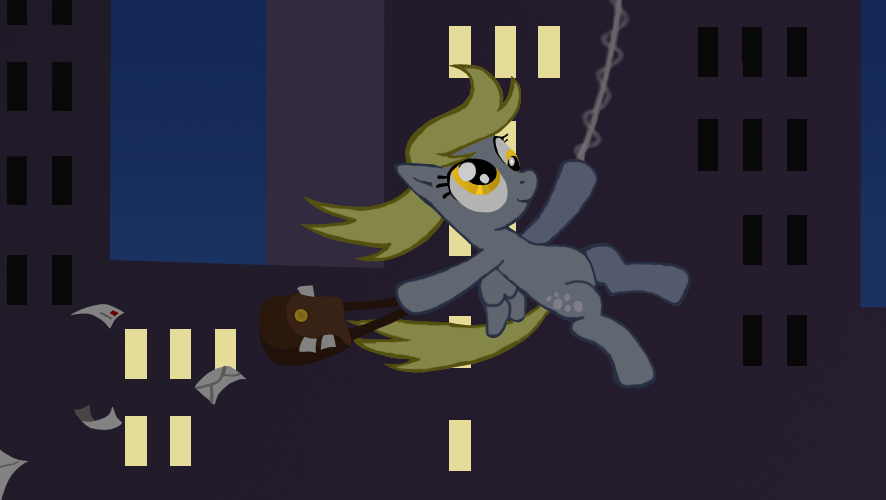 arms_out blonde_hair building city cityscape crossover cutie_mark derp_face derpy_hooves_(mlp) envelope equine female feral friendship_is_magic grey_feathers grey_skin hair hasbro horse letters mail mail_bag mammal messenger_bag midair my_little_pony night pegasus pony solo spider-man spider_web spiderman stamp swinging unknown_artist wings