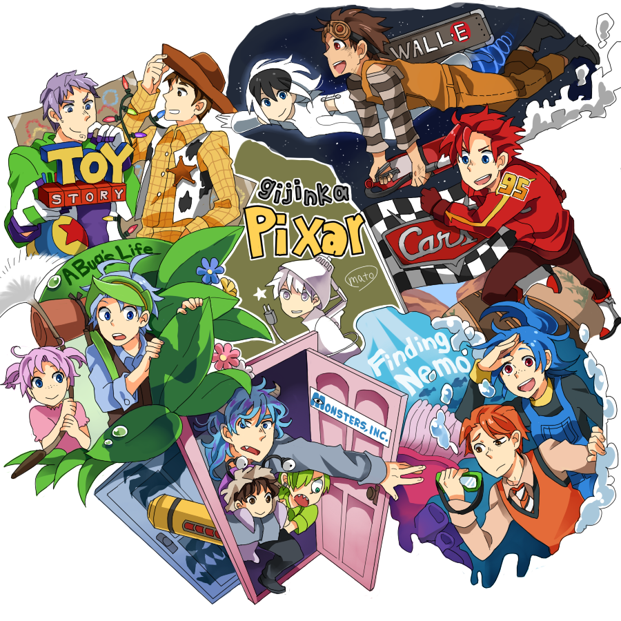 :d :o a_bug's_life age_difference ahoge backpack bad_id bad_pixiv_id badge bag ball bangs black_hair blue_eyes blue_hair bodysuit boo_(monsters_inc.) boots brown_eyes brown_hair buttons buzz_lightyear carrying cars_(movie) checkered checkered_flag child christmas_lights company_connection copyright_name cowboy cowboy_hat crossover detached_sleeves disney door dory_(finding_nemo) dot_(a_bug's_life) dress_shirt electric_plug eve_(wall-e) everyone extra_eyes fang finding_nemo fire_extinguisher fish flag flik_(a_bug's_life) floating_hair flower flying freckles frown gloves glowing goggles gradient green_eyes green_hair grey_hair grin hair_between_eyes hair_over_one_eye hand_on_hip hat hat_tip holding horns james_p._sullivan lamp leaf lightning_mcqueen long_hair long_sleeves looking_at_viewer luxo_jr. marlin mato_(10234) michael_wazowski monsters_inc. multicolored_hair multiple_boys multiple_girls necktie number open_mouth orange_hair orange_shirt outstretched_arms overalls pants personification pixar ponytail purple_hair red_eyes running shading_eyes sharp_teeth sheriff_woody shirt short_hair short_sleeves short_twintails signature silhouette silver_eyes single_vertical_stripe sky sleeve_cuffs smile space spacesuit spread_arms star star_(sky) starry_sky striped striped_shirt sweater teeth toy_story twintails vest visor_cap walk-in wall-e wall-e_(character) water wavy_hair western white_hair