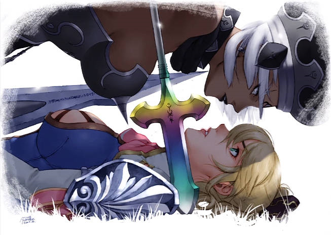 angol_fear armor blonde_hair blue_eyes breasts cassandra_alexandra choker dark_skin girl_on_top hat large_breasts lips multiple_girls official_art planted_weapon polearm sideboob soulcalibur soulcalibur_iv spikes submission_hold sword weapon white_eyes wrestling yoshizaki_mine