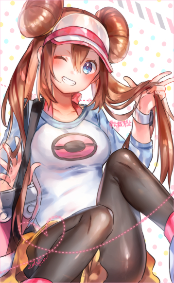 black_legwear blue_eyes blush brown_hair collarbone double_bun grin head_tilt holding holding_hair legwear_under_shorts long_hair long_sleeves mei_(pokemon) naru_(andante) one_eye_closed pantyhose poke_ball_print pokemon pokemon_(game) pokemon_bw2 polka_dot polka_dot_background print_shirt raglan_sleeves shirt short_shorts shorts sitting smile solo twintails very_long_hair visor_cap yellow_shorts