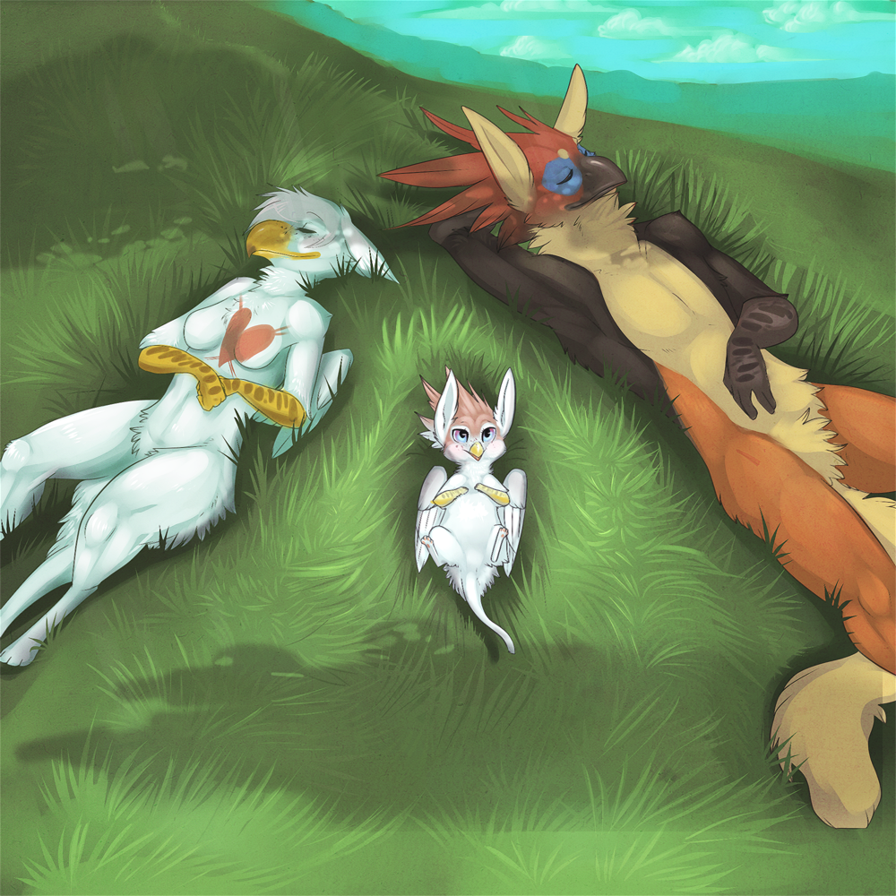 avian beak blue_eyes breasts cub cute drey eyes_closed feathers female feral grass gryphon hoot hoot_(character) lying male on_back outside resting sleeping solo spread_legs spreading wings young