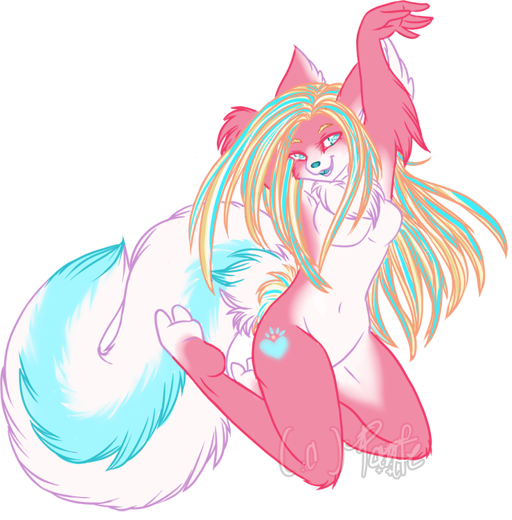 blonde_hair blue blue_eyes breasts canine chest_tuft colourful dancing female fluffy fluffy_tail fox hair love_heart nude panfe pink rainbow rodent smile squirrel tail tattoo technicolor