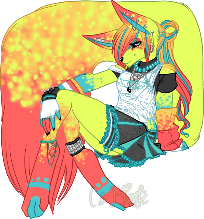 anklet blue bracelet cake canine color colors colourful cuffs female fennec fluffy_tail fox jewelry large_tail necklace panfe piercing punk purple_eyes red ring scene sitting skirt smile solo spots tail tropical vest yang yellow yin yin_and_yang