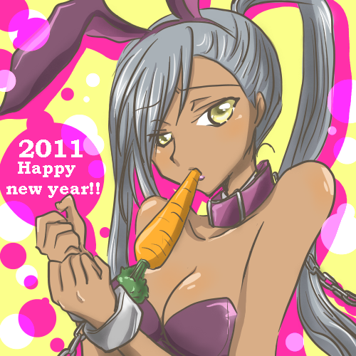 animal_ears bibirin breasts bunny_ears bunnysuit carrot chains cleavage code_geass collar dark_skin female grey_hair leash leotard long_hair lowres mouth_hold ponytail solo villetta_nu yellow_eyes