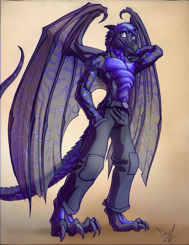 anthro belt biceps blue_eyes body_markings claws clothed clothing dragon dreamkeepers flare_phoenix flexing hair half-dressed male markings muscles pants pecs pose purple_hair scalie short_hair solo standing stripes tail toe_claws topless violet_hair wings