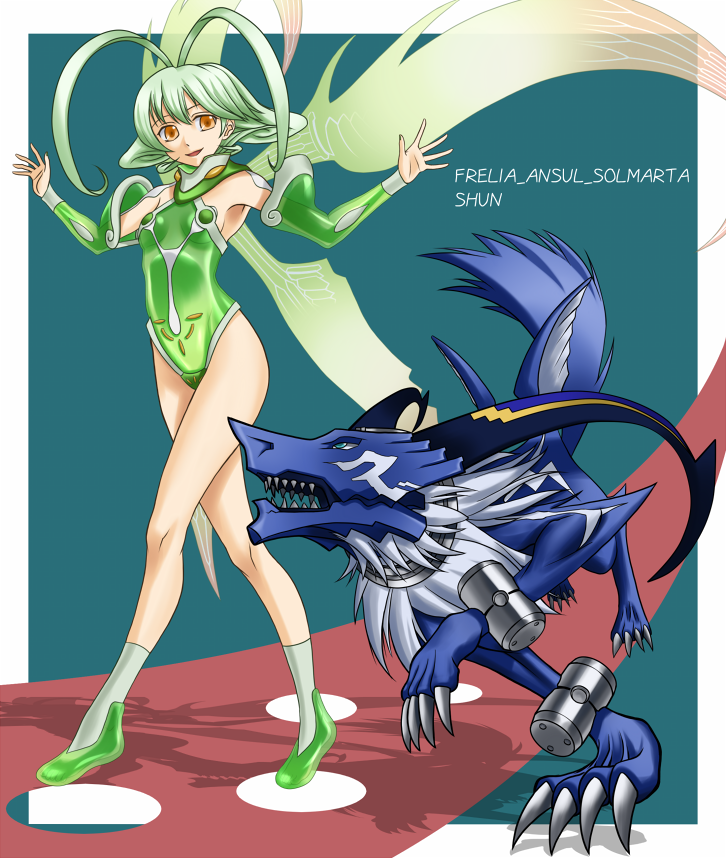 :d antenna_hair aqua_background aqua_eyes ar_tonelico ar_tonelico_ii armpits bangs bracer breasts claws copyright_name curly_hair detached_sleeves eye_contact fairy_wings flipped_hair frelia from_side gradient_wings green_hair green_leotard green_wings jewelry legs leotard long_legs looking_at_another looking_down looking_up multicolored multicolored_wings neck_ring open_mouth outstretched_arms parted_bangs profile see-through shadow sharp_teeth shun_(ar_tonelico) simple_background small_breasts smile spread_arms teeth tk28 transparent_wings turtleneck walking wings wolf yellow_eyes