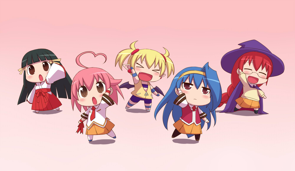 &gt;_&lt; ahoge aino_heart aq_interactive arcana_heart atlus black_hair blonde_hair blue_eyes blue_hair blush braid brown_eyes buri_hamachi chibi choker earrings examu eyes_closed fang frown glasses hairband hat japanese_clothes jewelry kasuga_maori lilica_felchenerow long_hair miko misao_(kami_no_misoshiru) open_mouth pink_hair red_eyes red_hair school_uniform serafuku short_hair smile solo tsuzura_saki twintails wings yasuzumi_yoriko