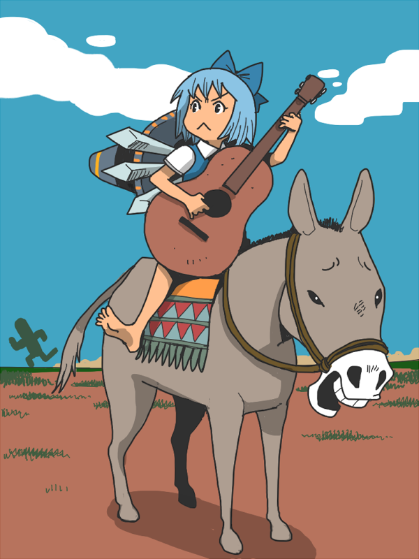 :&lt; acoustic_guitar barefoot blue_eyes blue_hair bow cirno donkey final_fantasy guitar hair_bow hat instrument no_nose onikobe_rin riding sabotender solo sombrero touhou wings