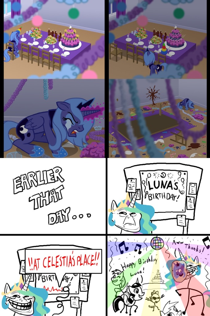 crown crying derpy_hooves_(mlp) dragon equine female feral friendship_is_magic hair hasbro horn horse male mammal multi-colored_hair my_little_pony party pegasus plain_background pony princess princess_celestia_(mlp) princess_luna_(mlp) rainbow_hair royalty sad spike_(mlp) trollestia trollface twilight_sparkle_(mlp) unicorn unknown_artist white_background winged_unicorn wings