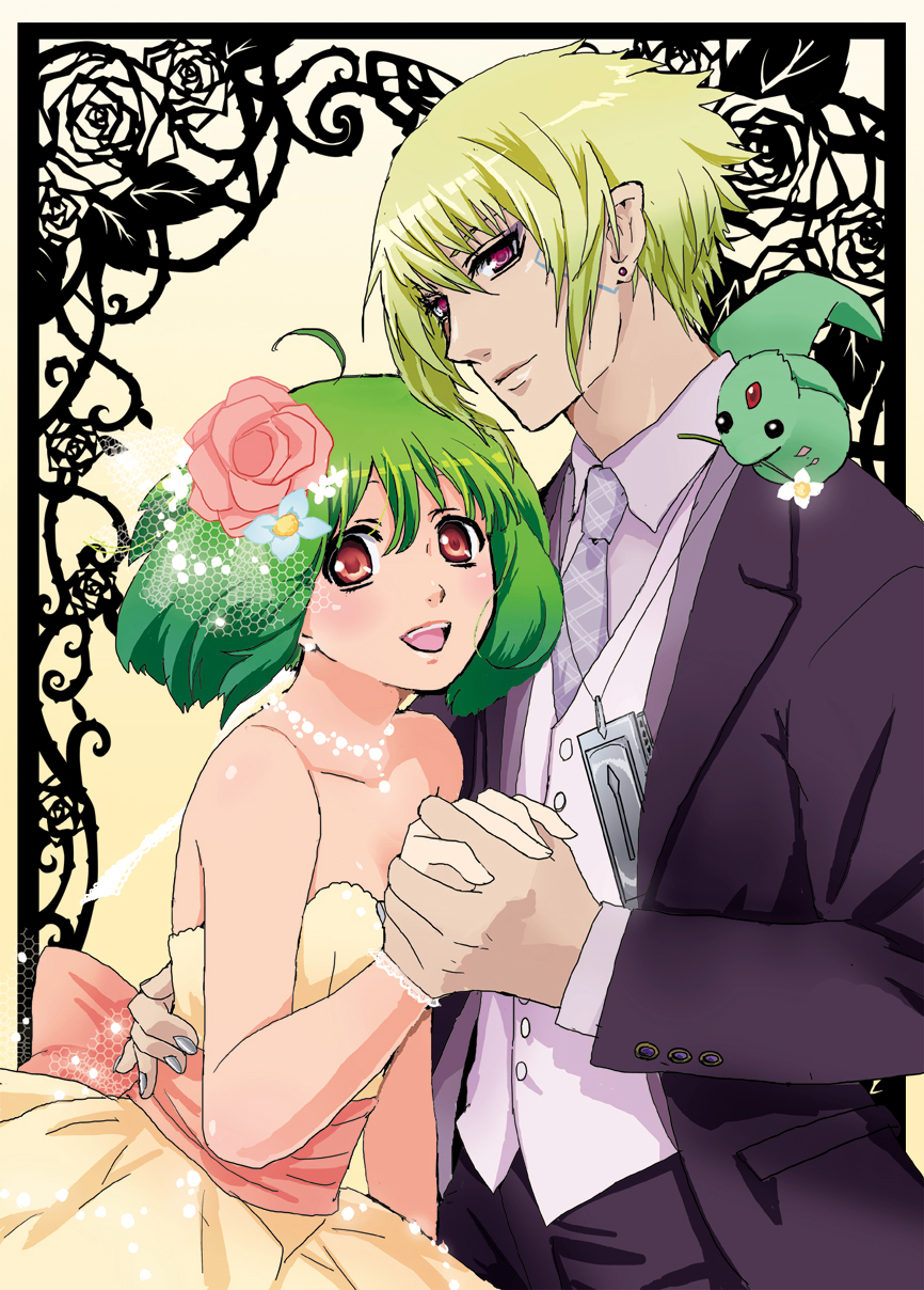 1boy 1girl ahoge ai-kun alternate_costume bare_shoulders brera_sterne brother_and_sister cero_(cerocero) dress eyeshadow flower formal green_hair grey_nails hair_flower hair_ornament hand_holding hetero highres incest jewelry looking_at_viewer macross macross_frontier makeup nail_polish necklace necktie open_mouth ranka_lee red_eyes short_hair siblings sleeveless sleeveless_dress smile strapless strapless_dress suit