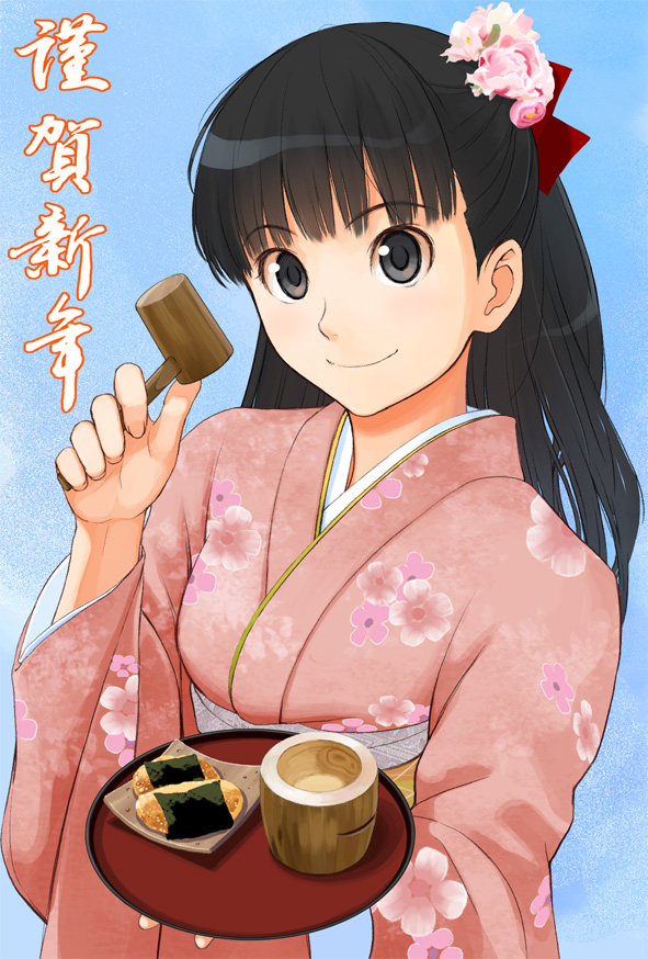 amagami ayatsuji_tsukasa black_eyes black_hair japanese_clothes kimono long_hair new_year senbei solo takayama_kisai