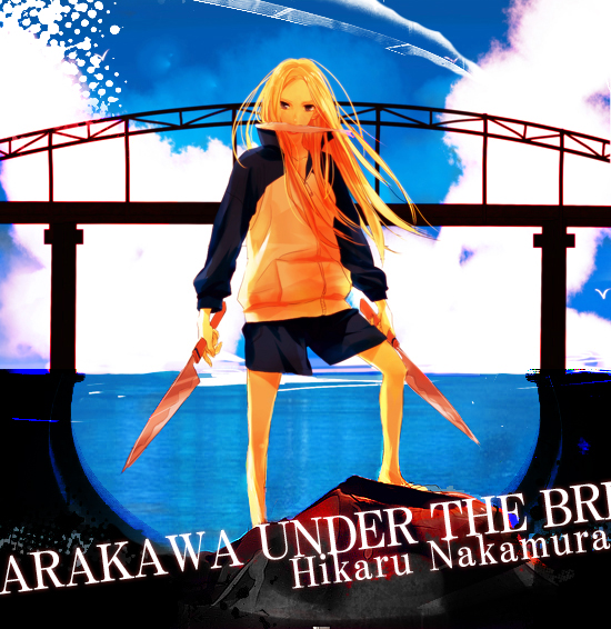 arakawa_under_the_bridge blonde_hair bridge fish hosoime jacket knife long_hair mouth_hold nino_(arakawa) shorts solo track_jacket
