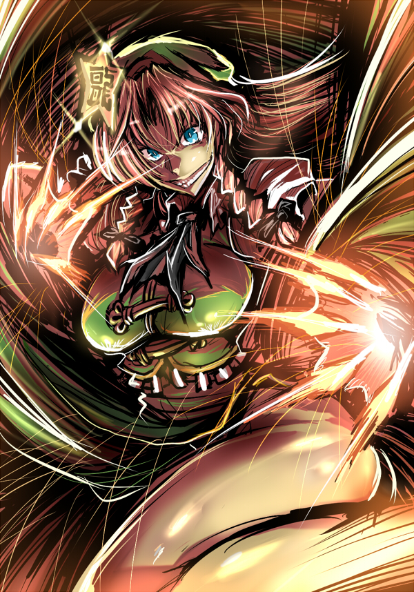 aura bad_id bad_pixiv_id blue_eyes braid china_dress chinese_clothes dress evil_grin evil_smile fighting_stance grin hong_meiling red_hair smile solo spark speed_lines touhou twin_braids warainaku