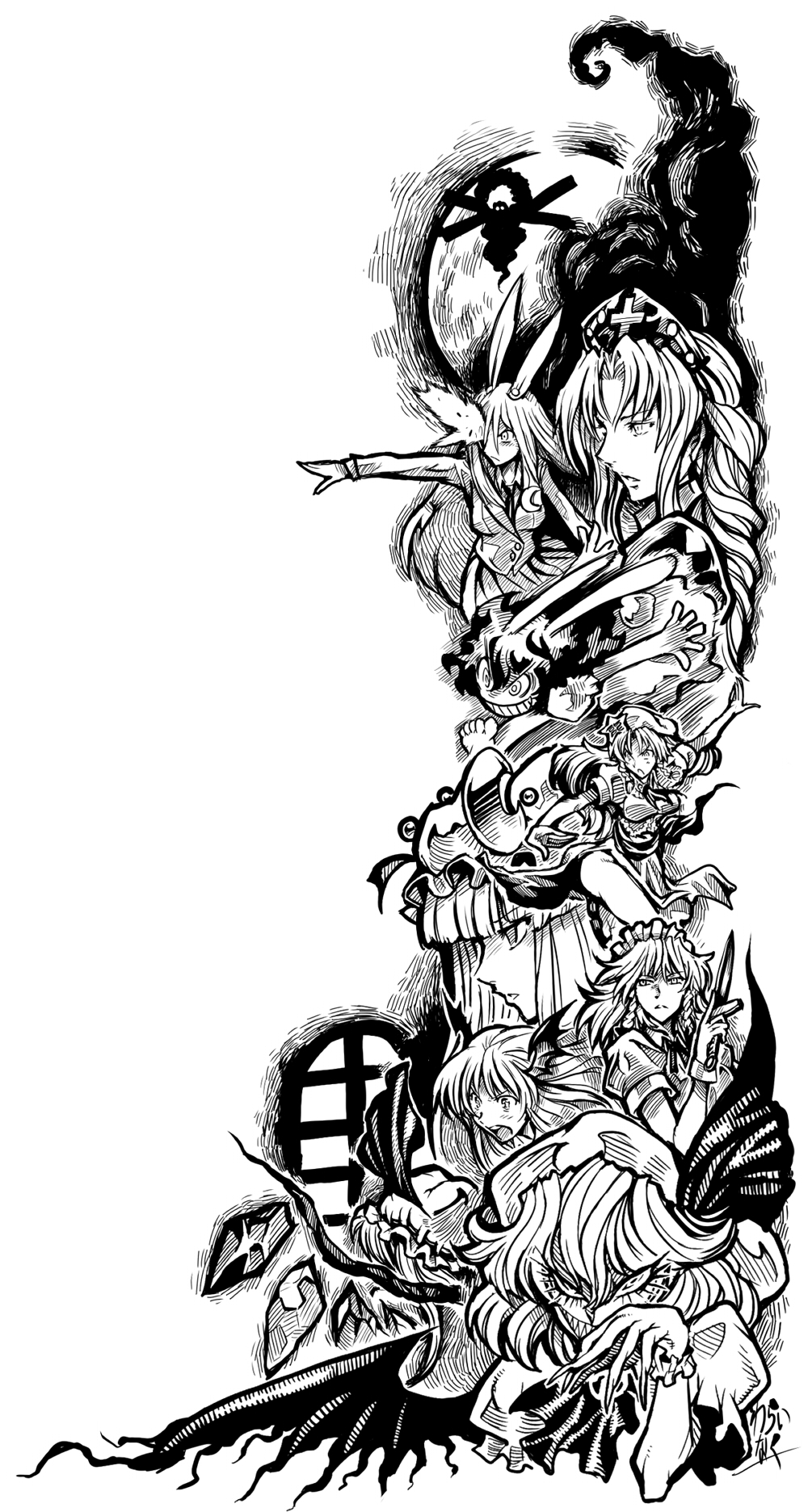 animal_ears bad_id bad_pixiv_id bangs blunt_bangs bunny_ears crazy_eyes evil_grin evil_smile fingernails flandre_scarlet greyscale grin hat head_wings highres hong_meiling inaba_tewi izayoi_sakuya knife koakuma long_fingernails monochrome multiple_girls onbashira patchouli_knowledge profile reisen_udongein_inaba remilia_scarlet sharp_teeth silhouette smile teeth touhou warainaku window wings yagokoro_eirin yasaka_kanako