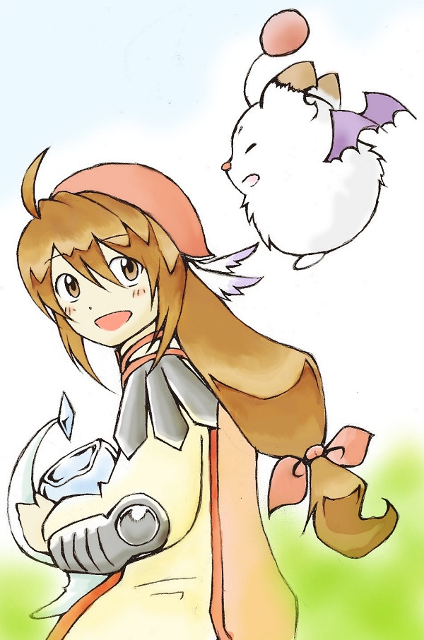 androgynous brown_eyes brown_hair clavat final_fantasy final_fantasy_crystal_chronicles happy moogle outdoors shield smile