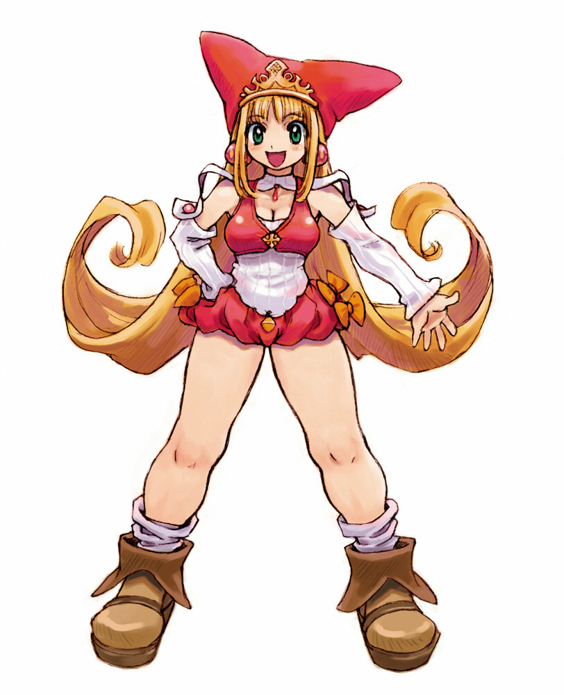 bare_legs blonde_hair bow breasts bubble_skirt cleavage crown curly_hair earrings eyebrows_visible_through_hair full_body green_eyes hand_on_hip happy hat jewelry kururu_(little_princess) legs_apart little_princess long_hair long_sleeves looking_at_viewer loose_socks marl_kingdom official_art open_mouth ribbed_sleeves ryoji_(nomura_ryouji) simple_background skirt socks solo white_background white_legwear