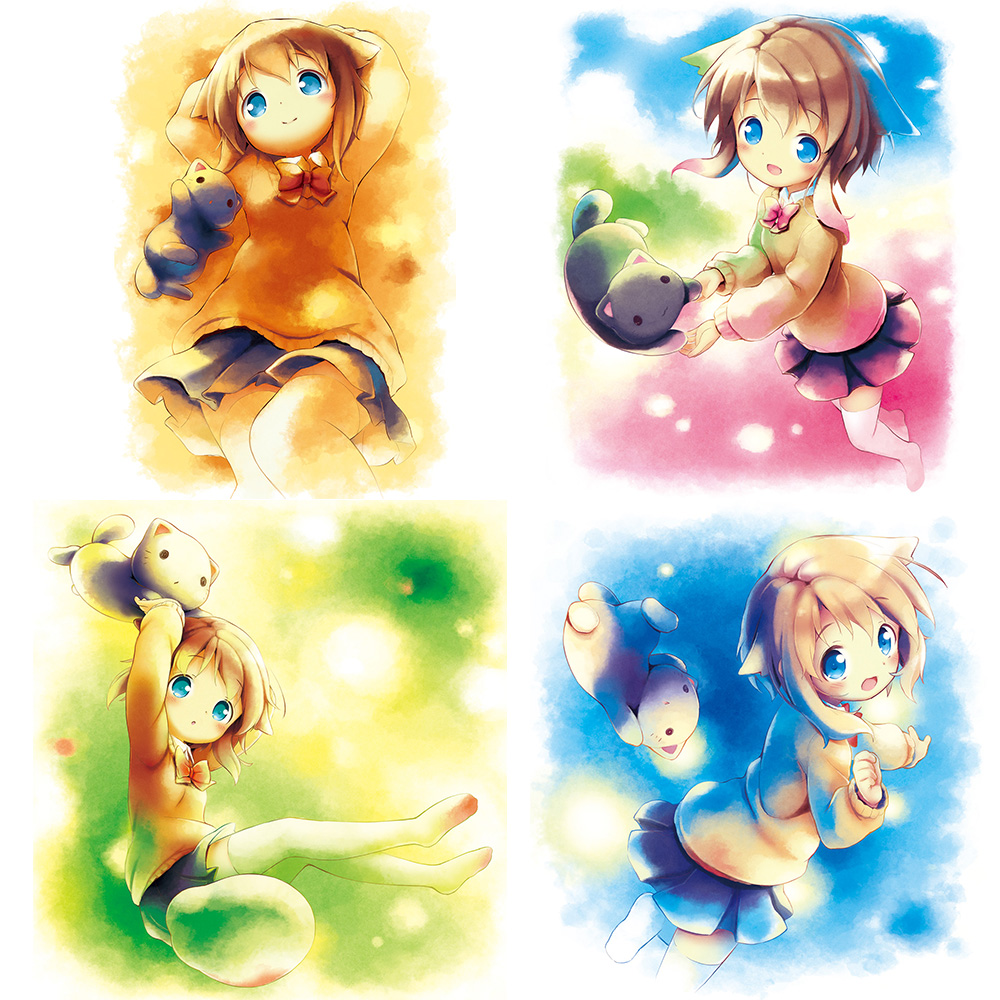 4girls :d :o aikei_ake animal arms_up bangs black_cat black_skirt blue_eyes blue_hair blue_skirt blue_sky blush bow bowtie brown_hair brown_sweater cat closed_mouth cloud collared_shirt commentary_request day eyebrows_visible_through_hair gradient_hair green_hair hair_between_eyes hand_up kitten long_sleeves looking_at_viewer lying multicolored_hair multiple_girls no_shoes on_back open_mouth original outdoors parted_lips pink_hair pleated_skirt red_neckwear shirt sidelocks sitting skirt sky smile soles standing standing_on_one_leg sweater thighhighs white_legwear white_shirt