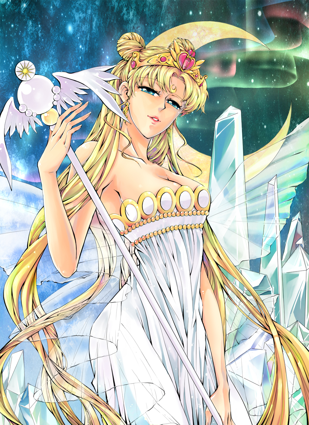 back_bow bishoujo_senshi_sailor_moon blonde_hair blue_eyes bow breasts cleavage crescent_moon crystal double_bun dress earrings facial_mark forehead_mark highres jewelry lips lipstick long_hair makeup medium_breasts miryusaykaz moon neo_queen_serenity older ribbon scepter see-through sky smile solo star_(sky) strapless strapless_dress tiara tsukino_usagi twintails white_dress wings