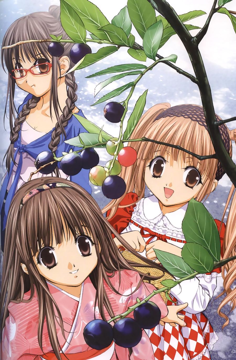 :d :t argyle basket berries braid brown_eyes brown_hair copyright_request from_above glasses hairband highres holding japanese_clothes kimono lolita_fashion long_hair multiple_girls open_mouth pout red-framed_eyewear ribbon-trimmed_clothes ribbon_trim sidelocks smile tenhiro_naoto tree twin_braids twintails