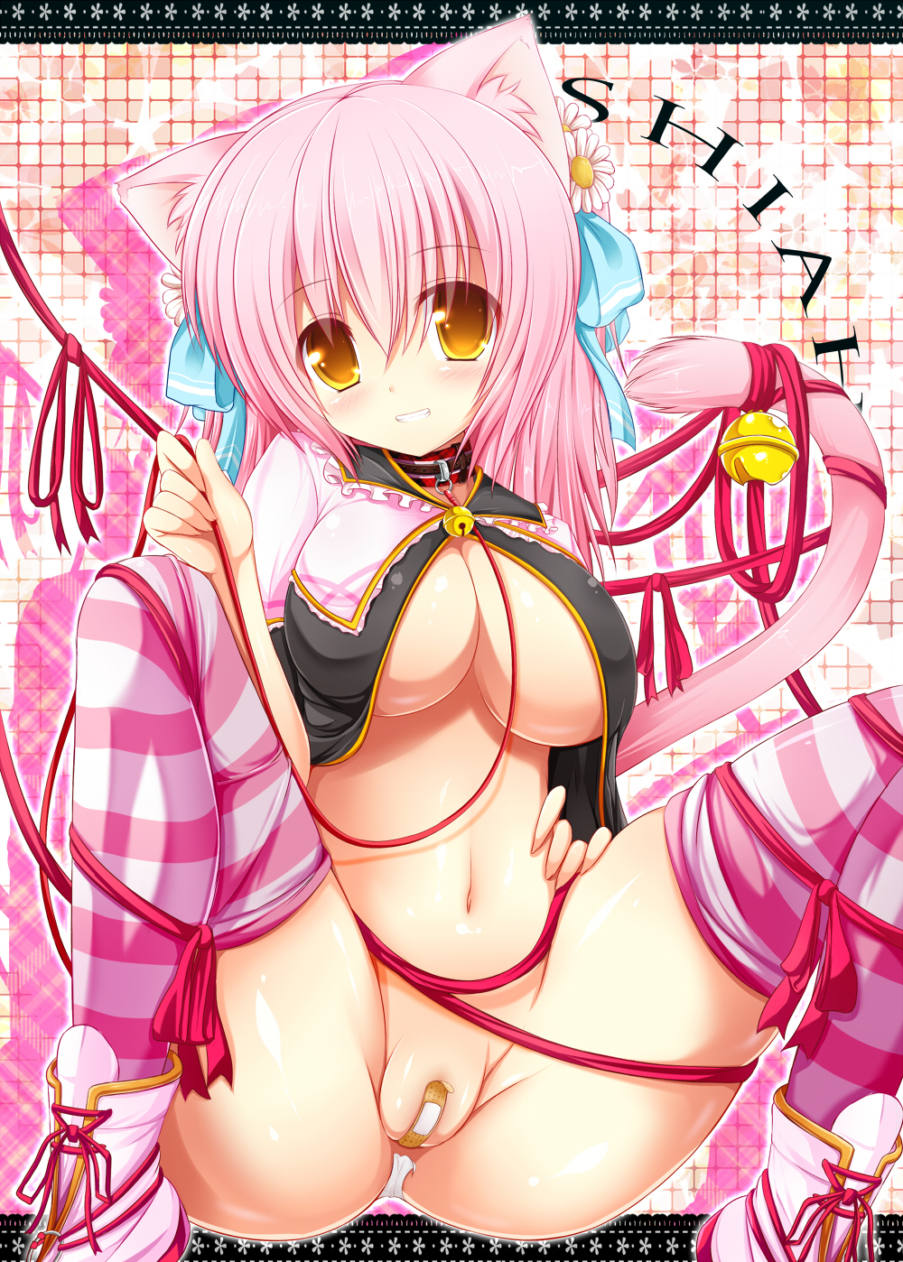 animal_ears bandaid bandaid_on_pussy blush bottomless breasts brown_eyes cat_ears cat_tail collar fat_mons grin hair_ornament hair_ribbon highres large_breasts long_hair looking_at_viewer navel no_bra open_clothes open_shirt original partially_visible_vulva pink_hair ribbon shia_flatpaddy shirt sitting smile solo spread_legs striped striped_legwear syroh tail thighhighs underboob yellow_eyes