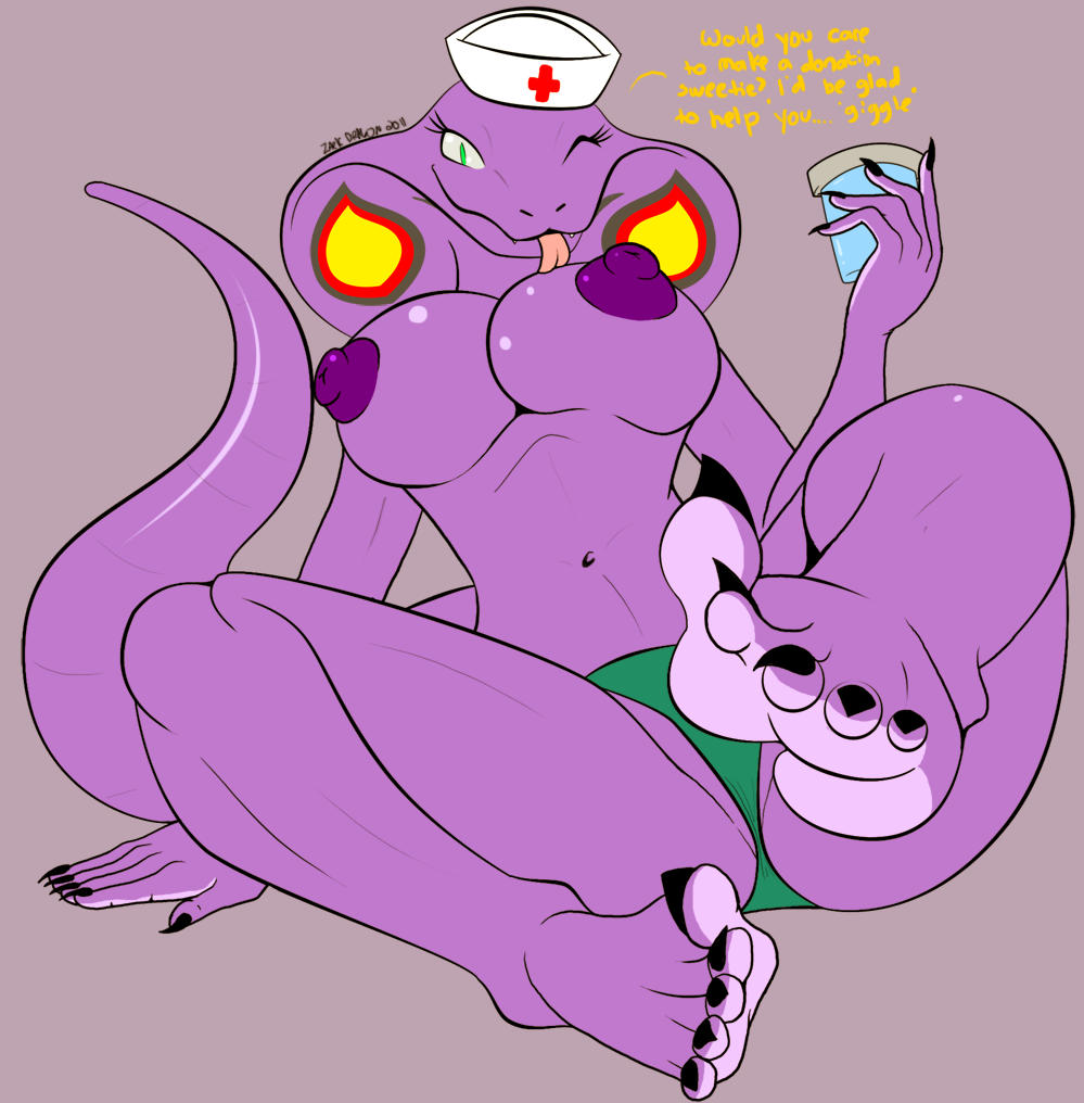 5_toes anthro arbok barefoot big_breasts big_nipples breasts claws clothed clothing cobra english_text female foot_focus green_eyes half-dressed hindpaw long_tongue looking_at_viewer markings navel nintendo nipples nurse one_eye_closed panties paws pok&#233;mon pok&#233;morph pok&eacute;mon pok&eacute;morph purple purple_body purple_nipples reptile scalie sebrina_arbok sitting smile snake solo spread_legs spreading tail text thighs ticklishways toe_claws toes tongue topless underwear video_games wink zp92