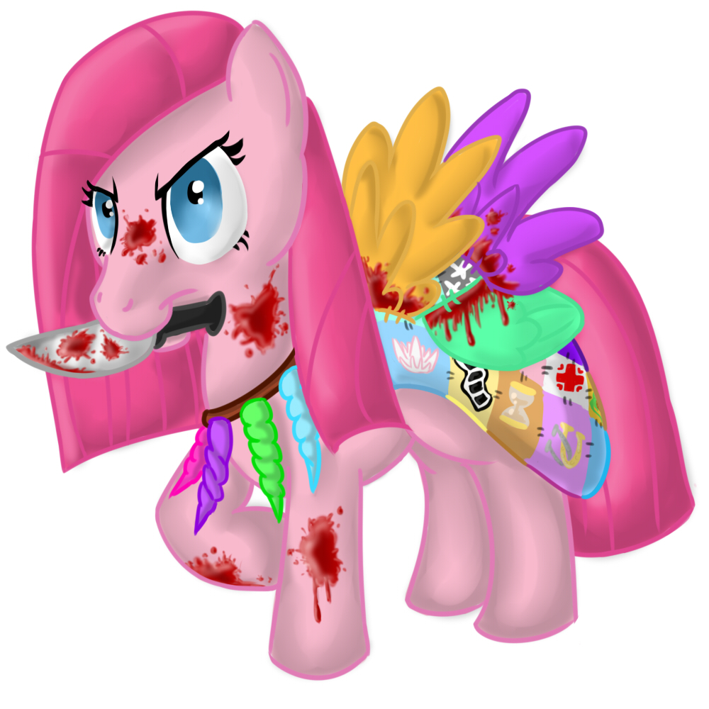 blood challenge_accepted clothing cupcakes_(mlp_fanfic) dress equine female feral friendship_is_magic fur hasbro horse knife mammal my_little_pony party_time pink_fur pinkamena pinkamena_(mlp) pinkie_pie_(mlp) plain_background pony solo white_background