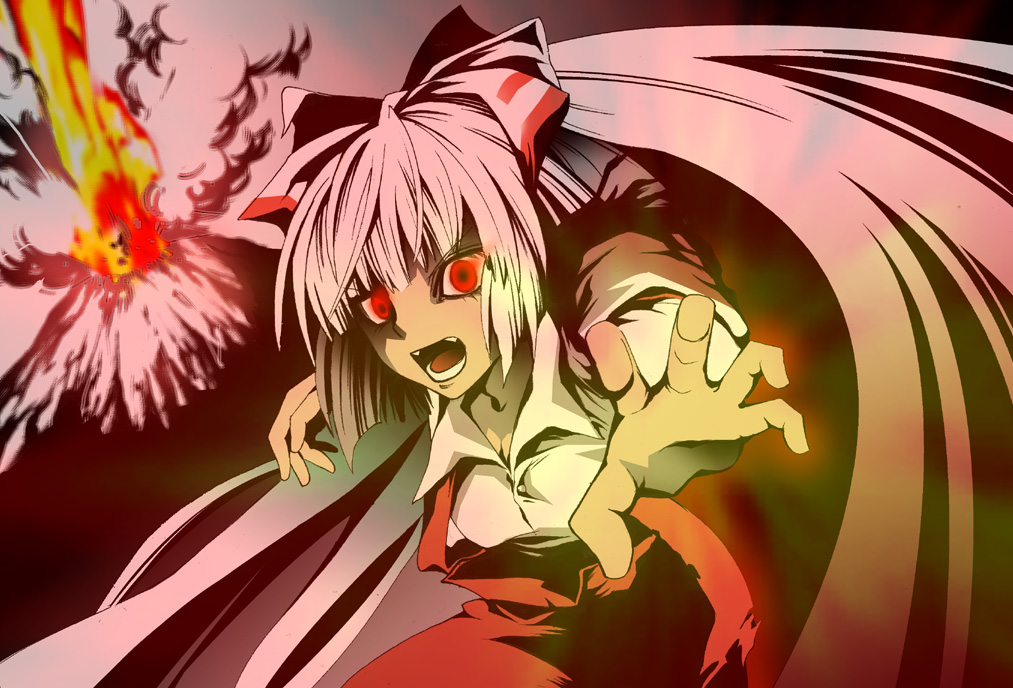 angry bad_id bad_pixiv_id bangs blunt_bangs bow eruption explosion fire foreshortening fujiwara_no_mokou hair_bow hair_ribbon hands karu long_hair open_mouth outstretched_arm outstretched_hand reaching red_eyes ribbon shirt silver_hair smoke solo touhou volcano white_shirt