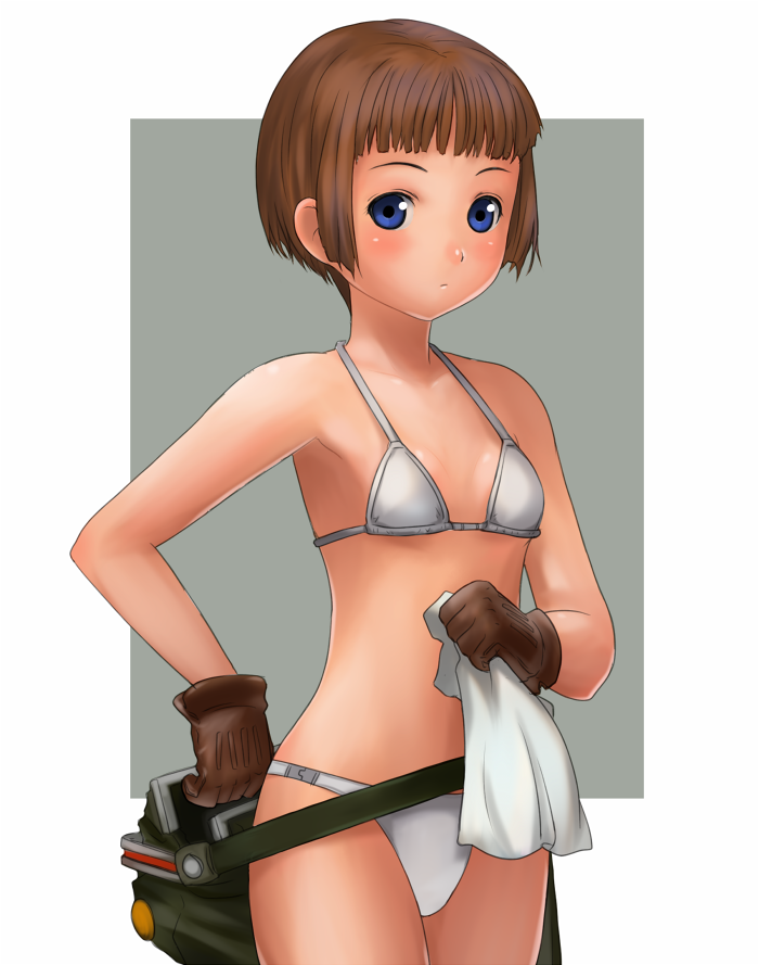 bad_id bad_pixiv_id bikini blue_eyes brown_hair gloves hand_on_hip namine0079 original solo swimsuit