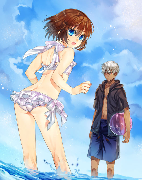 1girl :d a_(shiei_no_sona-nyl) ass ball beachball bikini blue_eyes blue_sky brown_hair butt_crack dark_skin day flat_chest frilled_bikini frills from_behind hood hooded_jacket hoodie jacket lily_(shiei_no_sona-nyl) looking_at_viewer looking_back open_mouth red_eyes shiei_no_sona-nyl short_hair shorts side-tie_bikini silver_hair sky smile steampunk_(liarsoft) swimsuit tenkuu_sphere wading water