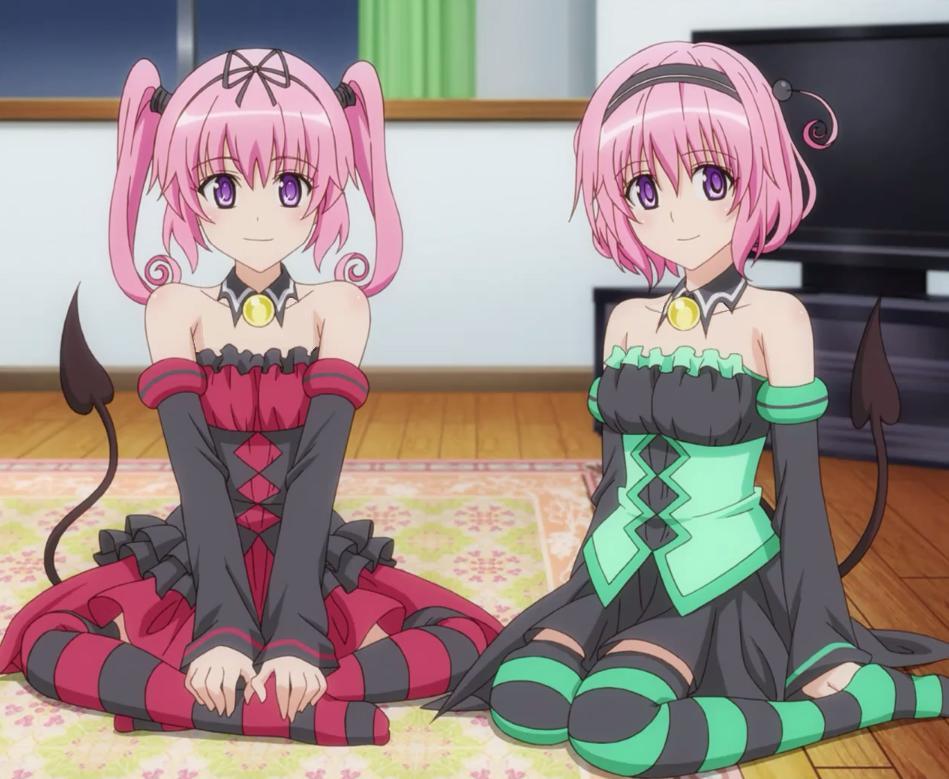 2girls arm_support bare_shoulders blush brooch carpet curtain curtains detached_sleeves dress female hair_ribbon hairband happy indian_style indoors inside jewelry kneeling legs_crossed long_hair momo_velia_deviluke multiple_girls nana_asta_deviluke pink_hair purple_eyes ribbon short_hair short_twintails siblings sisters sitting smile strapless strapless_dress striped striped_legwear striped_thighhighs tail television thighhighs to_love-ru toloveru twins twintails window yokozuwari