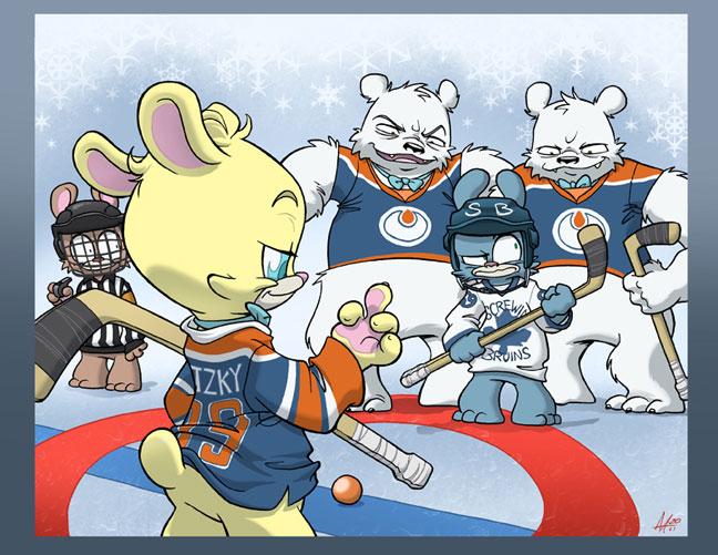 bear_nuts bottomless clothed clothing cool_colors gay_bear gimp_bear half-dressed hockey hockey_stick imminent_beating lech_bear looking_back mammal middle_finger nerd_bear polar_bear shirt smile surrounded the_polars uhoh unknown_artist webcomic