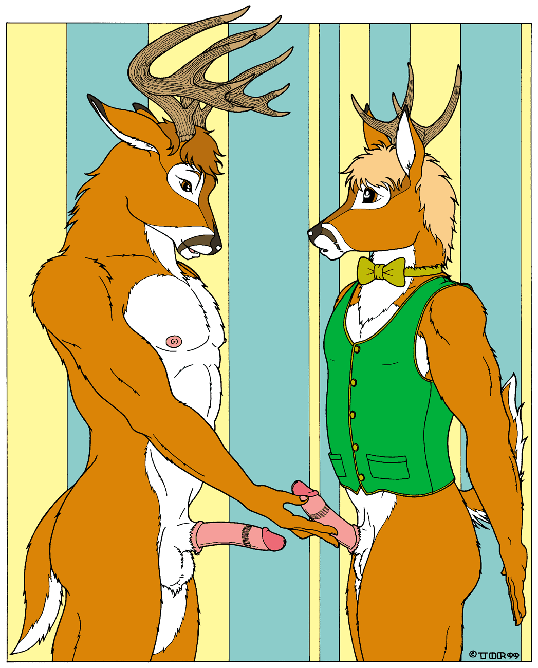 antlers balls bottomless bow_tie brown_eyes cervine clothed clothing comparing comparison deer gay half-dressed horn male mammal muscles penis tim_o'rourke tor vest