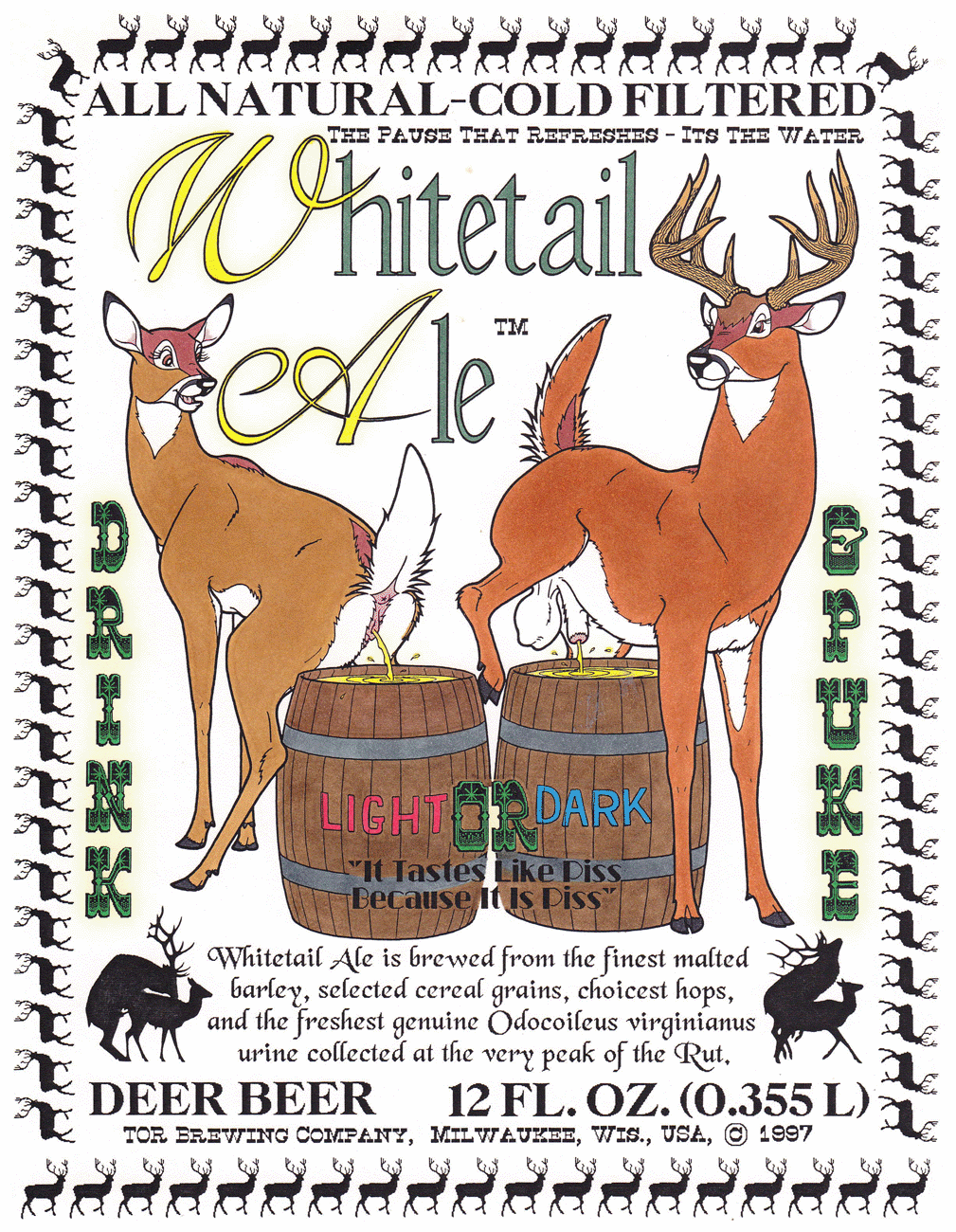 advertisement alcohol antlers anus balls barrel beer beverage cervine deer english_text female feral hooves horn male mammal parody peeing penis plain_background pussy sheath text tim_o'rourke tor urine watersports white_background
