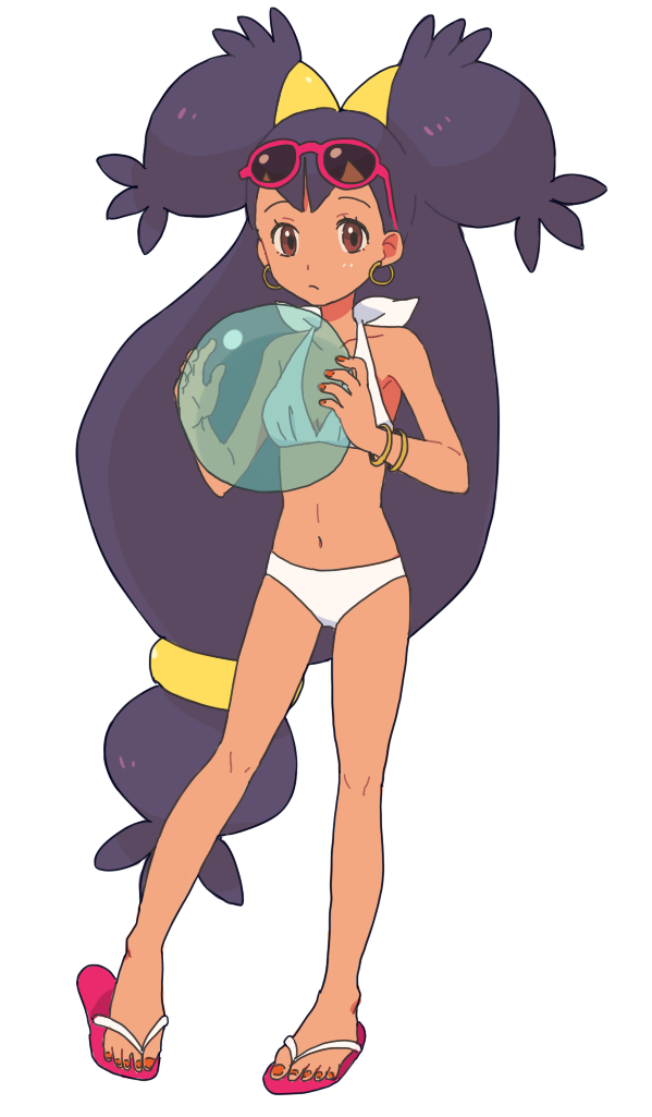 bad_id bad_pixiv_id big_hair bikini black_hair brown_eyes dark_skin eyewear_on_head iris_(pokemon) long_hair low-tied_long_hair ochappa pokemon pokemon_(anime) pokemon_bw_(anime) sandals solo sunglasses swimsuit two_side_up