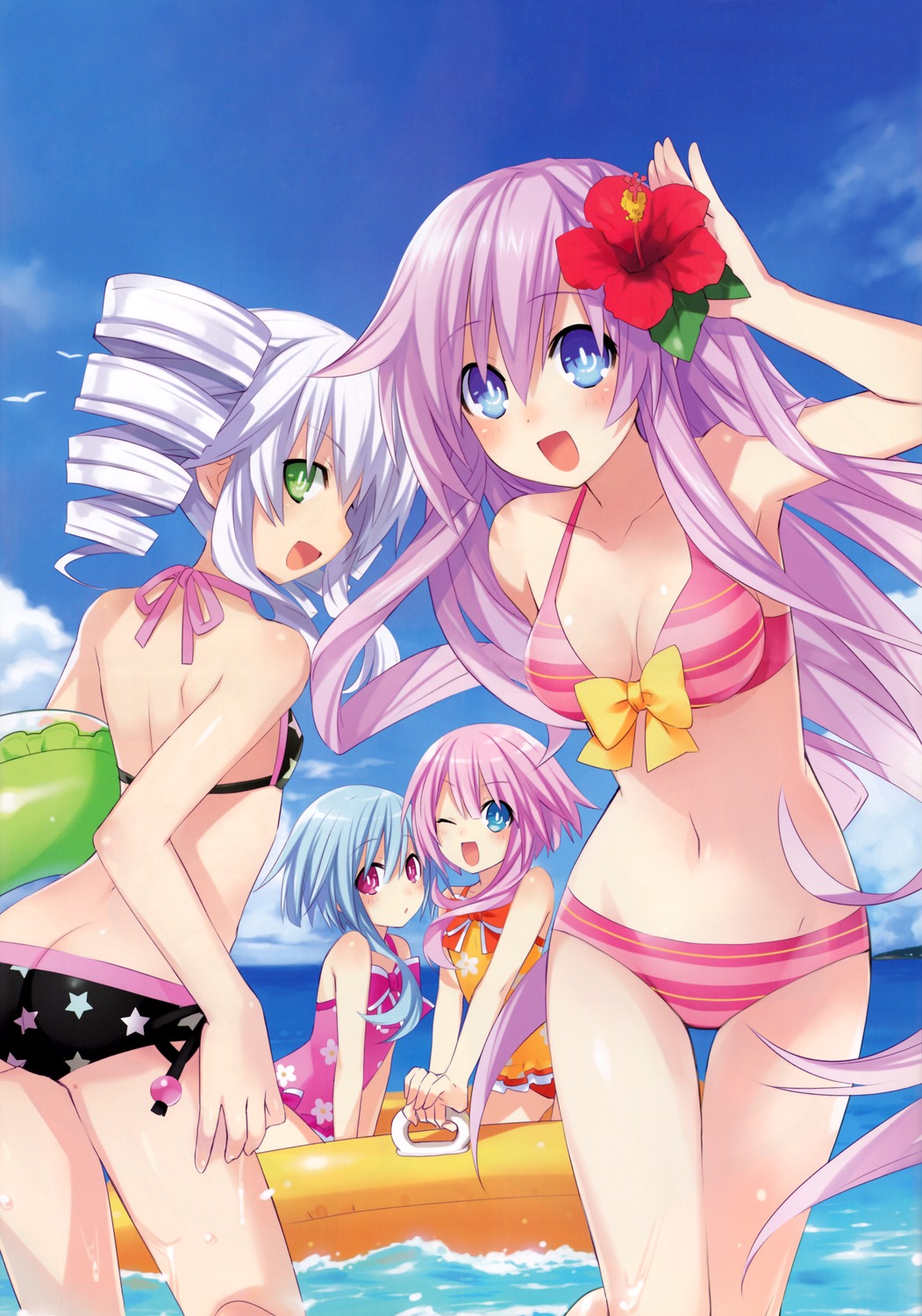 :/ :d ;d ass back bare_shoulders bikini black_sister blue_eyes blue_hair blue_sky blush bow breasts butt_crack casual_one-piece_swimsuit choujigen_game_neptune_mk2 cleavage cloud collarbone day drill_hair flat_chest floral_print flower green_eyes halterneck hibiscus highres long_hair medium_breasts multiple_girls navel nepgear neptune_(series) official_art one-piece_swimsuit one_eye_closed open_mouth outdoors pink_hair power_symbol profile purple_hair purple_sister red_eyes scan short_hair side-tie_bikini sky small_breasts smile star star_print striped striped_bikini striped_swimsuit swimsuit symbol-shaped_pupils thigh_gap tsunako twin_drills water waving white_hair white_sister_ram white_sister_rom