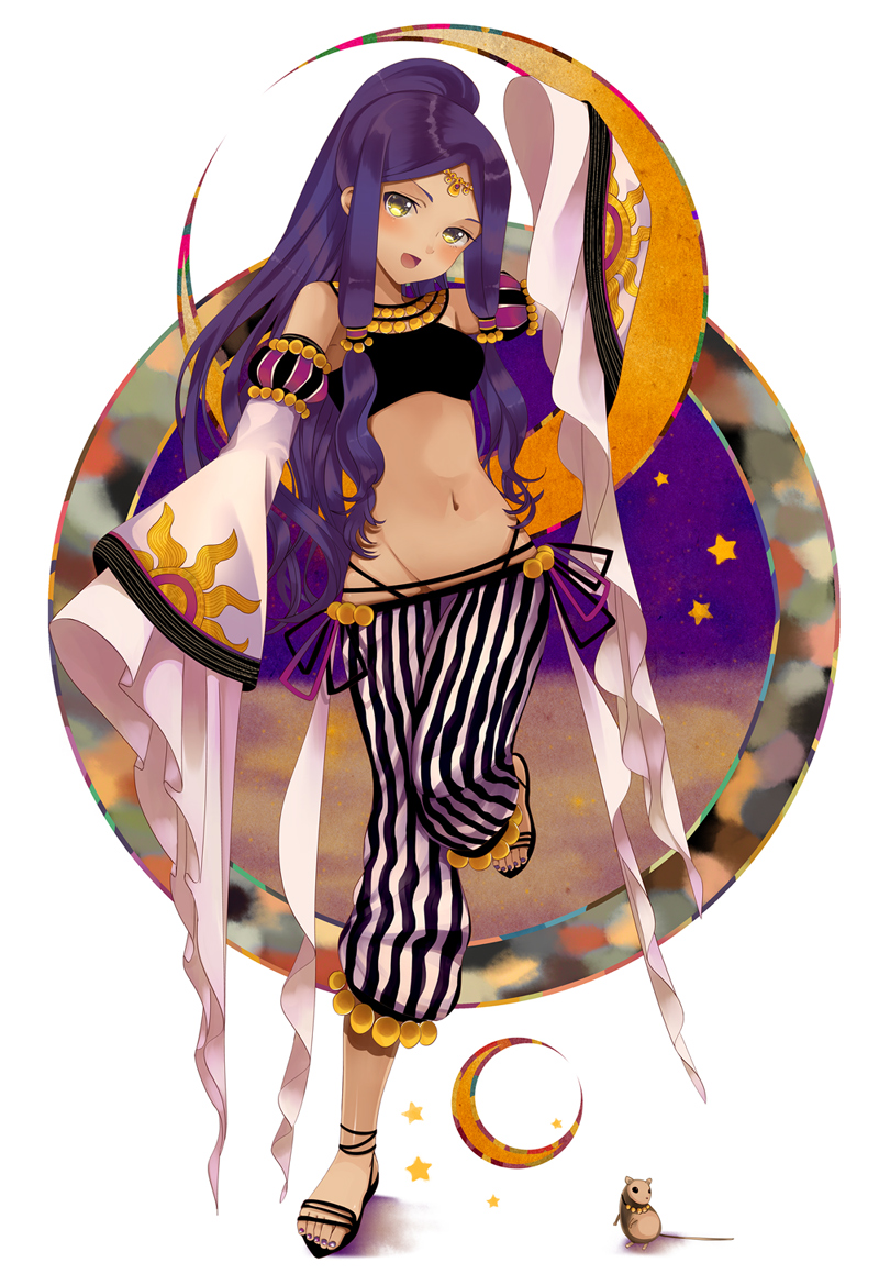 1girl blush dancer dark_skin detached_sleeves feet female halter_top halterneck jewelry lots_of_jewelry midriff mouse nail_polish navel original ponytail purple_hair purple_nails sandals smile solo toes yellow_eyes yuuki_rika