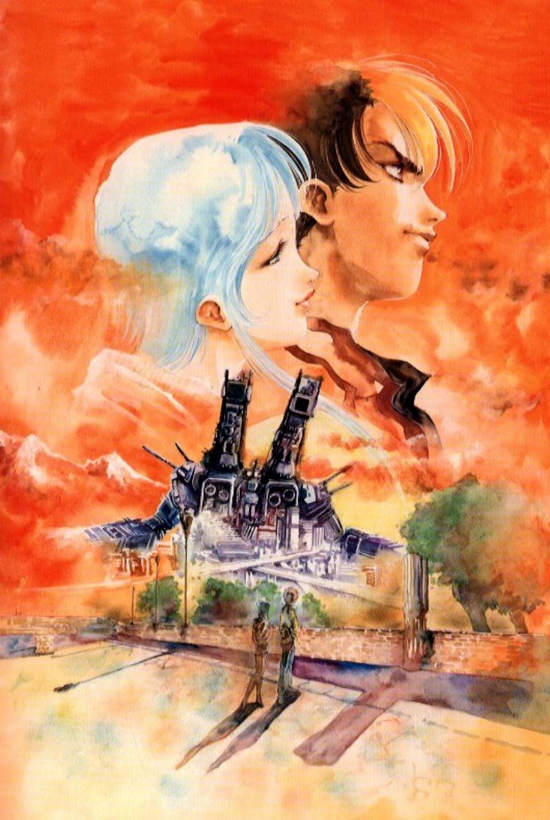 1girl 90s brown_hair choujikuu_yousai_macross couple hetero ishtar_(macross) kanzaki_hibiki lips macross macross_2 mecha mikimoto_haruhiko official_art park pillar promotional_art scan science_fiction sdf-1 short_hair space_craft storm_attacker sunset traditional_media wall white_hair