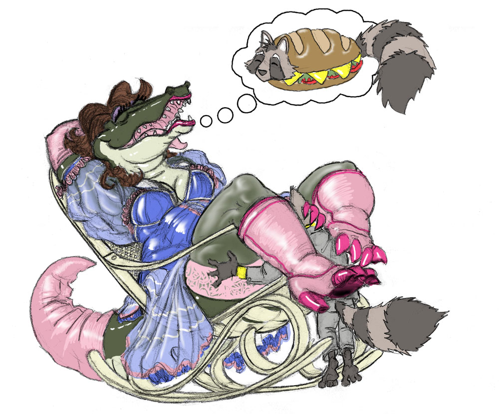 4ofswords alligator boots cunnilingus eyes_closed female gown lingerie lipstick makeup male oral oral_sex painted_nails raccoon reptile rocking_chair sandwich scalie sex size_difference straight thought_bubble vaginal