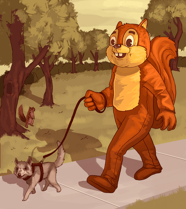 creepy dog feral forest furries_with_pets fursuit harness human leash mammal mike_mitchell mindfuck nightmare_fuel pet rodent scenery squirrel tree walking warm_colors what wood