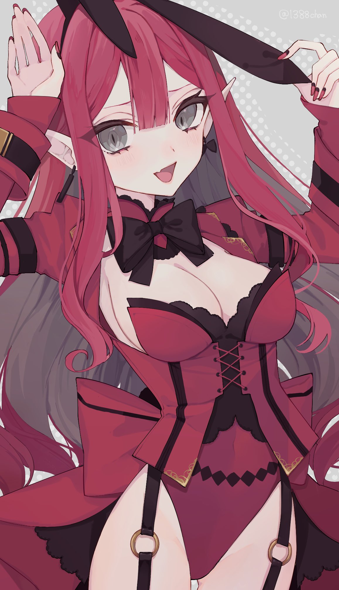 1388chan 1girl alternate_costume animal_ears baobhan_sith_(fate) black_bow black_bowtie bow bowtie breasts cleavage commentary_request fake_animal_ears fang fate/grand_order fate_(series) fingernails grey_eyes hair_between_eyes highres large_breasts leotard long_hair long_sleeves looking_at_viewer open_mouth playboy_bunny pointy_ears rabbit_ears red_hair red_leotard red_nails skin_fang solo