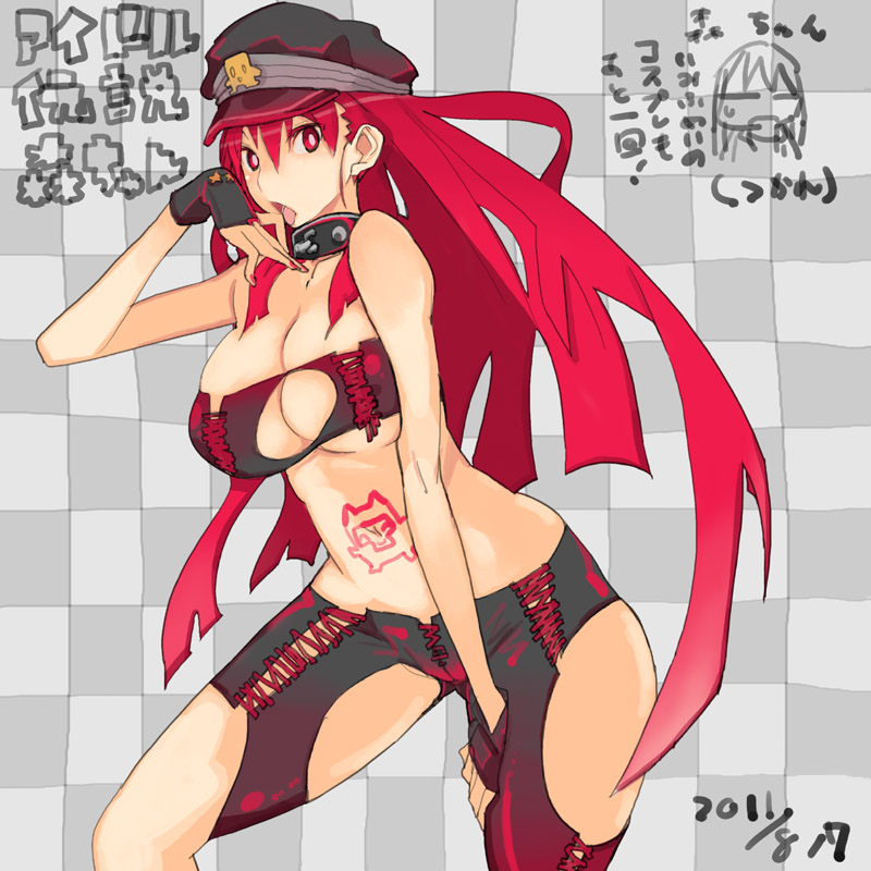 black_gloves breasts checkered checkered_background chibi chibi_inset choker cleavage dated fingerless_gloves gloves hat large_breasts long_hair midriff mori_hikiko navel open_mouth original red_eyes red_hair teriyaki tongue translation_request