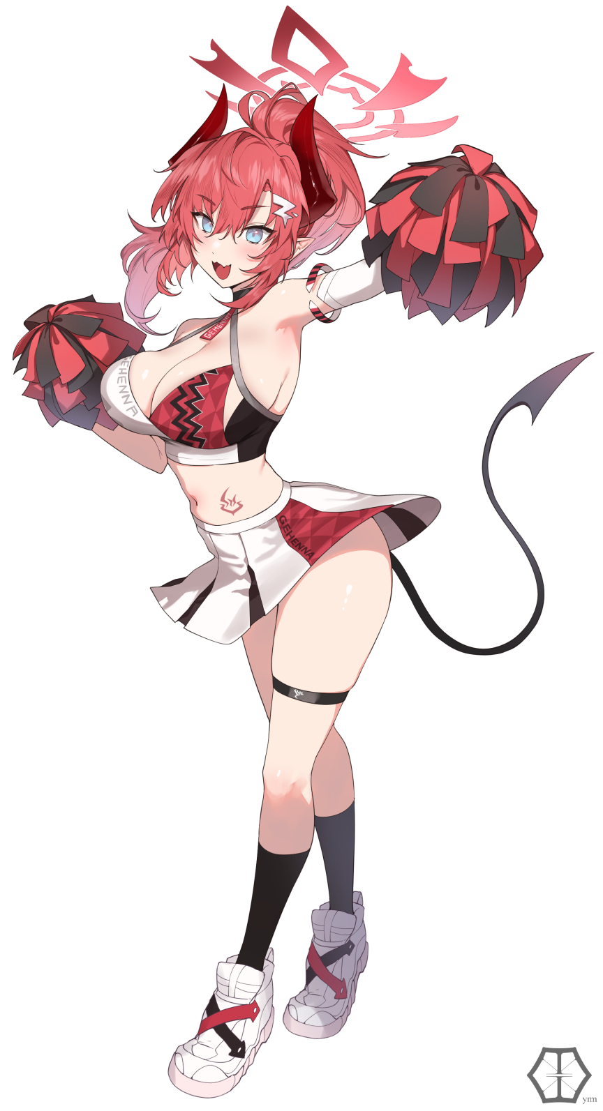 1girl alternate_costume armpits bare_shoulders blue_archive blue_eyes blush breasts cheerleader cleavage criss-cross_halter demon_girl demon_horns demon_tail full_body hair_between_eyes hair_ornament halo halterneck highres holding holding_pom_poms horns kneehighs large_breasts long_hair looking_at_viewer megu_(blue_archive) midriff millennium_cheerleader_outfit_(blue_archive) miniskirt navel open_mouth pleated_skirt pointy_ears pom_pom_(cheerleading) ponytail red_hair shoes sidelocks simple_background skirt sleeveless smile sneakers socks solo sports_bra standing tail white_background white_skirt yaman