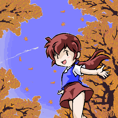 13th_coffin 1girl :d autumn autumn_leaves blue_sky day dithering falling_leaves jaggy_lines leaf low_ponytail lowres oekaki original outdoors ponytail red_hair red_skirt short_sleeves sidelocks skirt sky smile solo tree