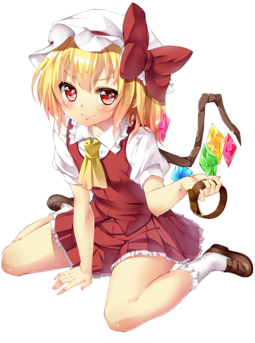 &gt;:) arm_support ascot blonde_hair blush bobby_socks bow collar crystal flandre_scarlet full_body hands hat loafers mamedenkyuu_(berun) nail_polish red_eyes shoes simple_background sitting skirt smile socks solo touhou v-shaped_eyebrows vest wariza white_legwear wings
